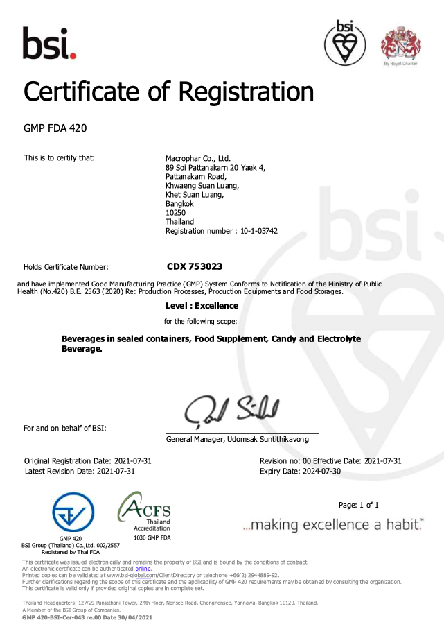 CERTIFICATE OF REGISTRATION BY BSI​  LEVEL : EXCELLENCE​ IN 2020​